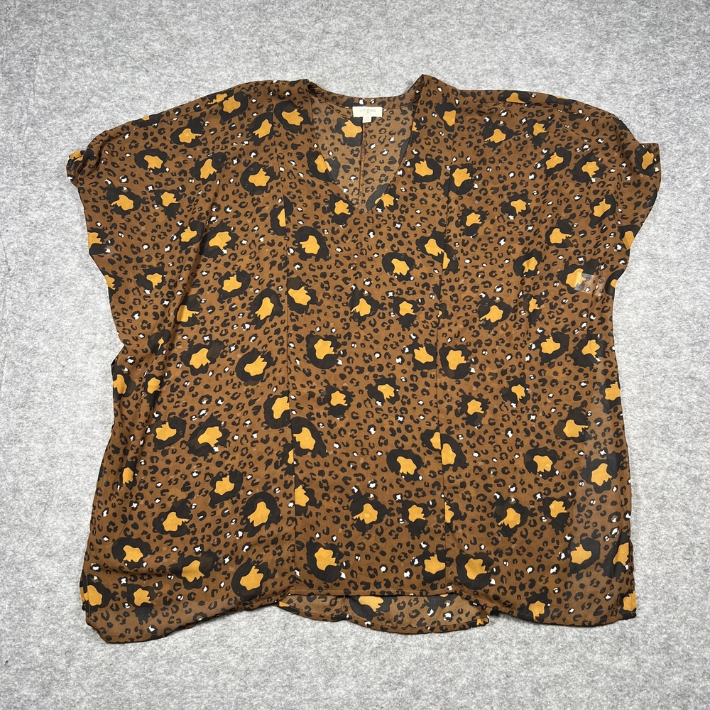 Umgee Blouse Womens S/M Brown Animal Print V Neck Chiffon Dolman Sleeve Top